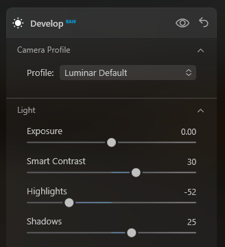 Develop Raw settings